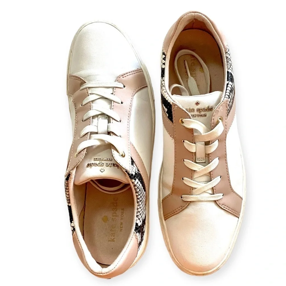 Kate Spade NY Dash White Pink Leather Sneaker Size 8.5 Snakeskin Panels Low Top
